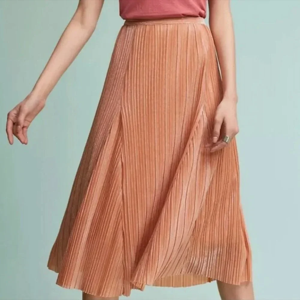 Relaxed Metallic Pleated Midi Skirt Sz S US Maeve Anthropologie Ambra Rose Gold - Picture 1 of 12